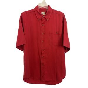 VTG 80s On The Brink Red Button Up Short Sleeve Collared Shirt Size Large Cotton